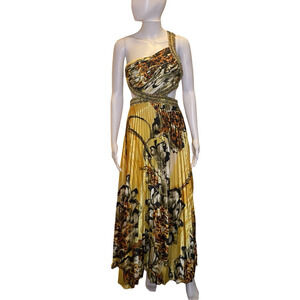 Cinderella Yellow Floral Beaded Gown Sz 6 One Shoulder Pleated Prom Dress
